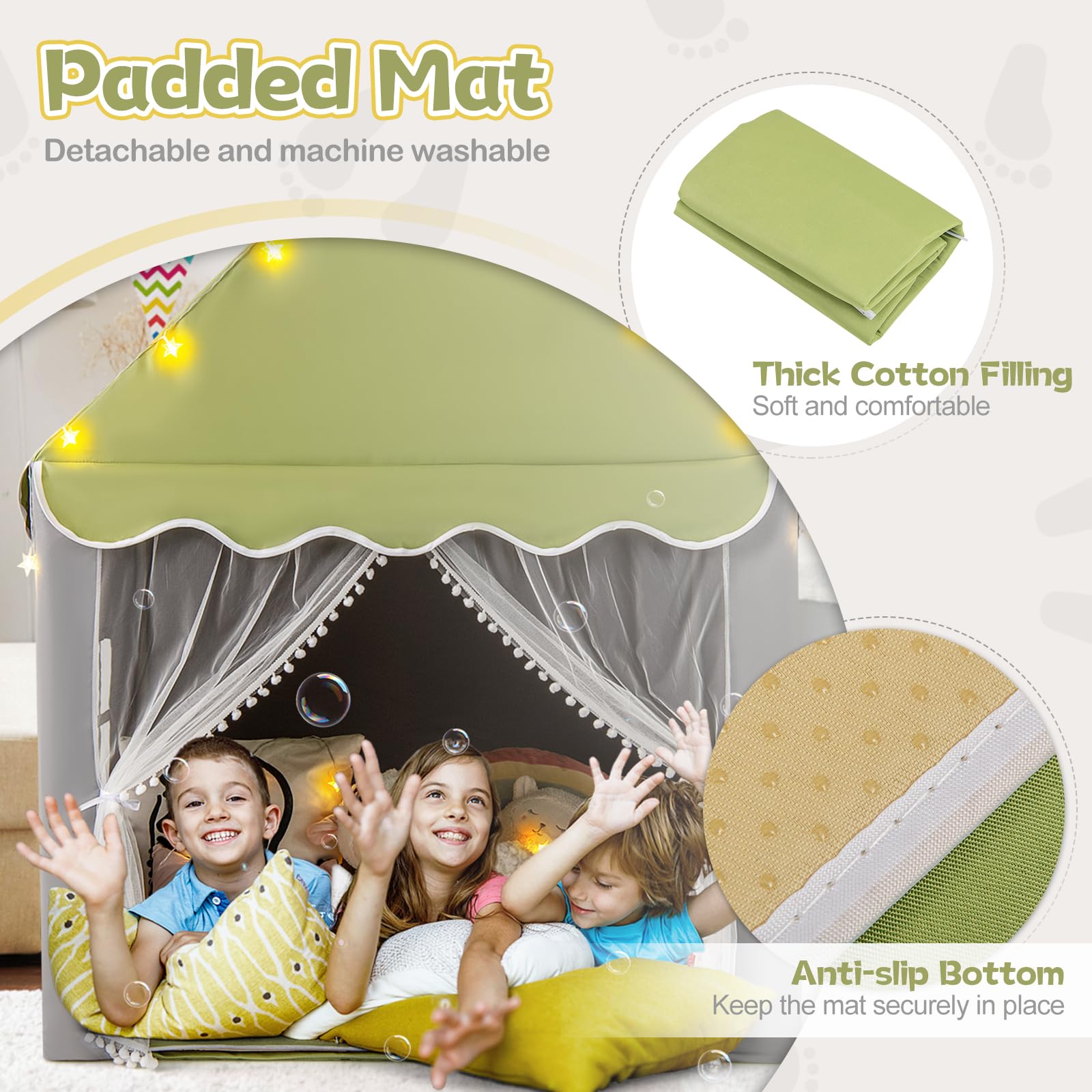 HOMASIS Tienda de campaña Infantil de Interior, Castillo de Juegos con Alfombra Lavable y Luces LED en Forma de Cuerda, Casita con Cortinas y Ventanas, para niños y niñas, 121x105x136cm (Verde)