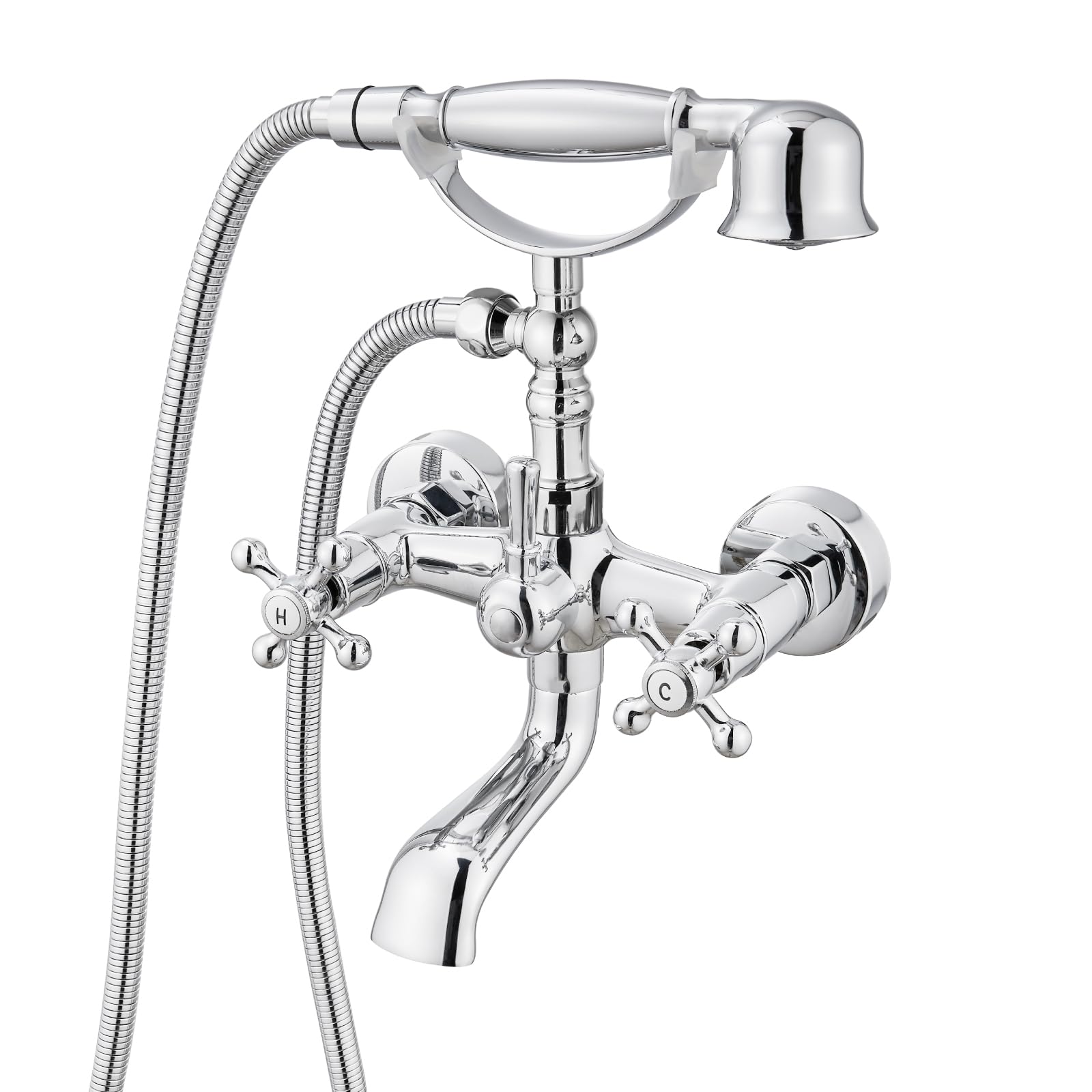 gotonovo Wall Mount Clawfoot Bathtub Faucet with HandHeld Spray and 360° Double Cross Handle Swivel Spout Vintage Tub Shower Faucet Set with Adapter Adjustable Swing Arms Polish Chrome