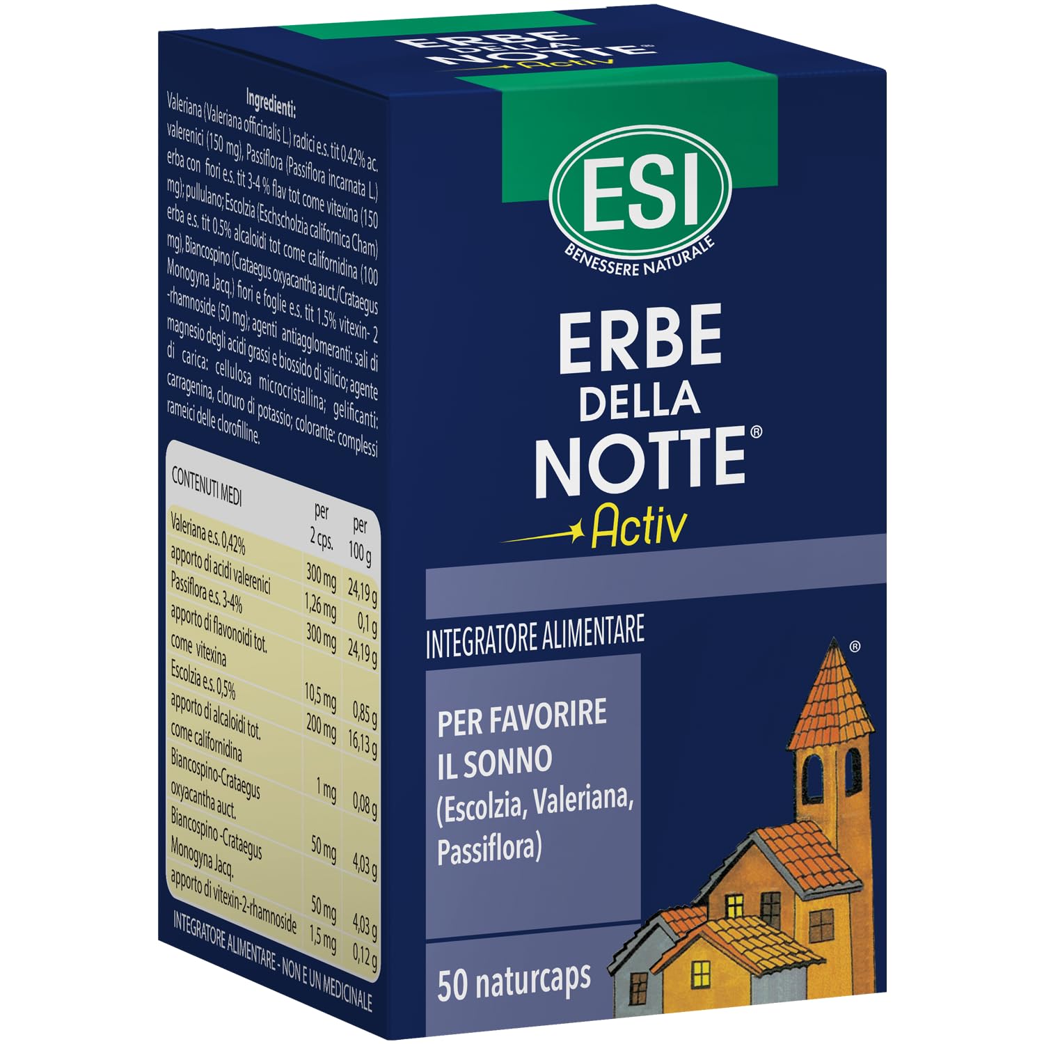 ESI - Erbe della Notte Activ, Integratore Alimentare, a Base di Valeriana, Passiflora, Escolzia e Biancospino, Senza Glutine e Vegan, Favorisce il Sonno e Riduce Ansia e Stress, 50 Capsule