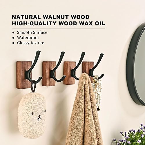 Miniatura 16 de Juego de 4 ganchos de pared de madera de nogal, montados adhesivamente y con montaje en pared, resistentes, decorativos, con doble gancho de madera