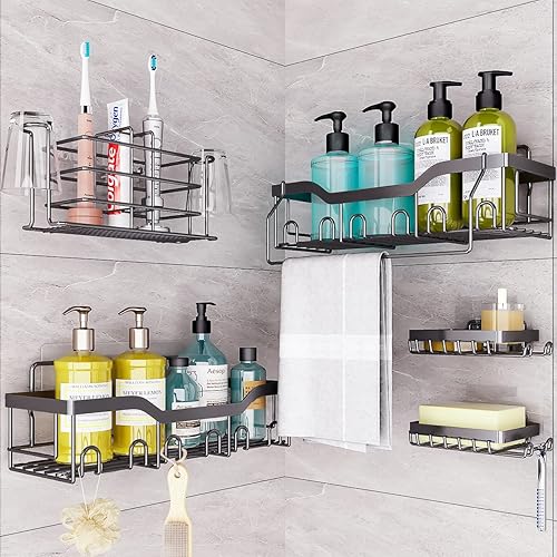 Paquete de 6 organizadores de ducha de metal negro con adhesivo para baño