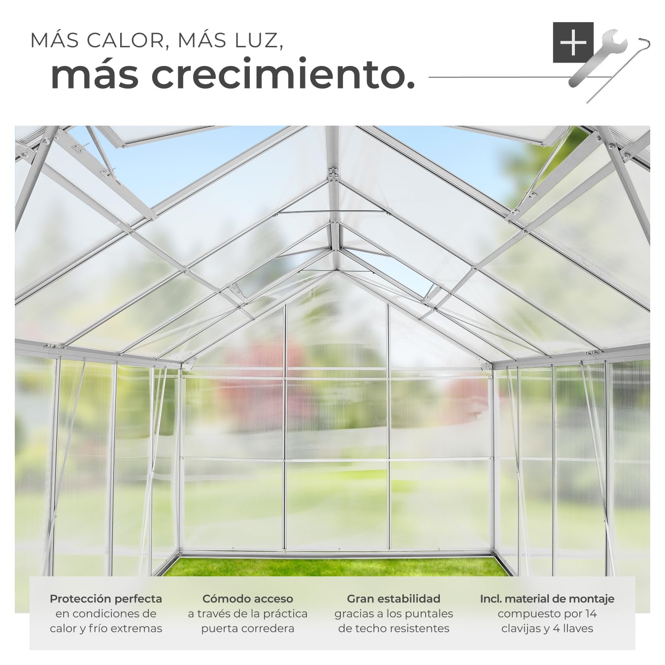 tectake Invernadero de Jardín de Aluminio y Policarbonato, Caseta Jardín Exterior 375x185x195, Vivero Huerto Casero 6,93m³, Invernadero Terraza para Cultivo de Plantas, con Base