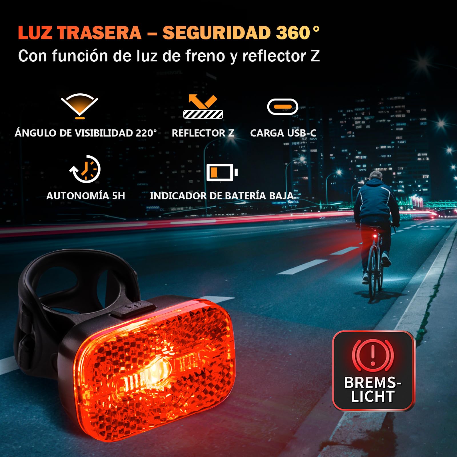 Juego de luces para bicicleta (100 lux, StVZO, batería USB-C, luz delantera + luz trasera con función de luz de freno, resistente al agua IPX5, para desplazamientos y conducción nocturna)