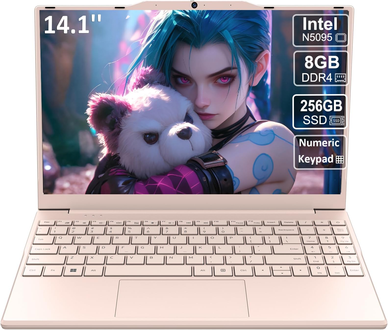 2025 New Portable Laptop,Student and Business,14" FHD IPS Display,N5095 Processor(Beats N4000/N4020),8GB DDR4 RAM,256GB PCIe SSD,Numeric Keypad,2.4/5G WiFi,38WH Battery,Webcam,Mini HDMI,USB(Pink)