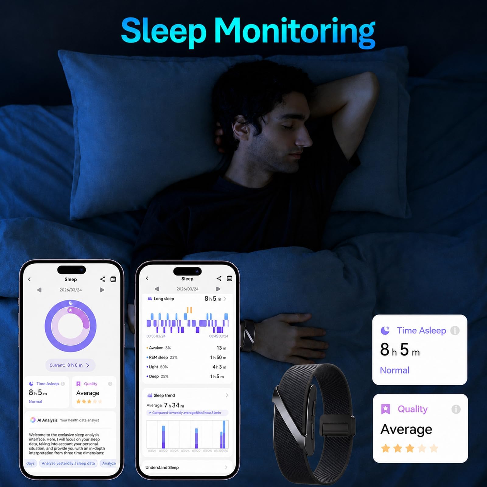 findtime Monitor de actividad sin pantalla 24/7, monitor de frecuencia cardíaca, pulsera inteligente de sueño, oxígeno en sangre, detección de caídas, alerta SOS, 1 ATM, impermeable, podómetro