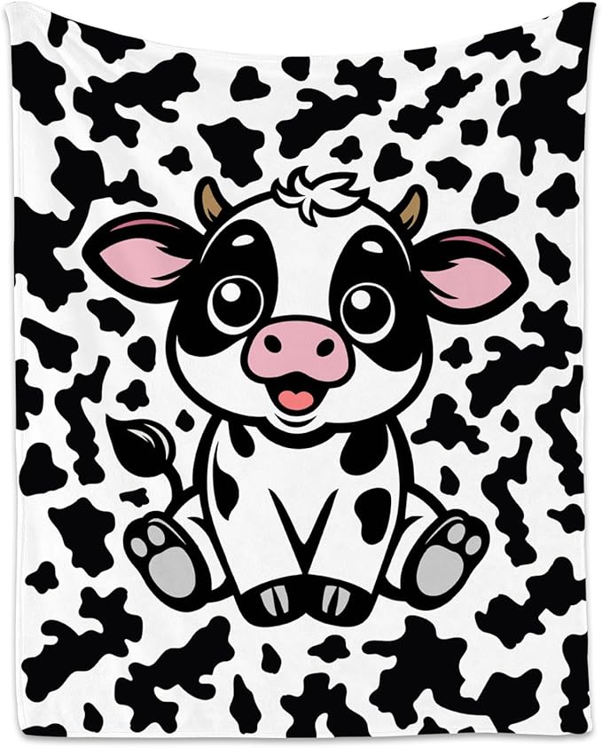 Cow Blanket, Cozy Soft Throw Gifts for Boys, Cute White Flannel Throw Blankets for Couch Office, 50x60 Inches