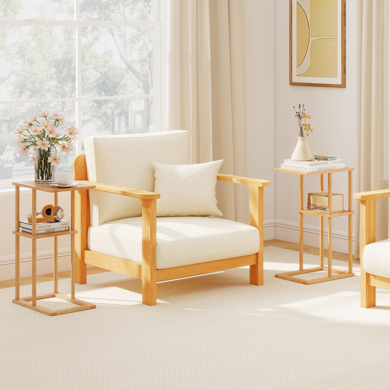 COSTWAY Juego de 2 Mesa Auxiliar de Bambú para Sofá, Mesita Forma de C con Estantes de Almacenamiento, 40 x 28 x 65 cm, Mesa de Café, Mesita de Noche Estrecha para Cama, Sala y Dormitorio, Natural