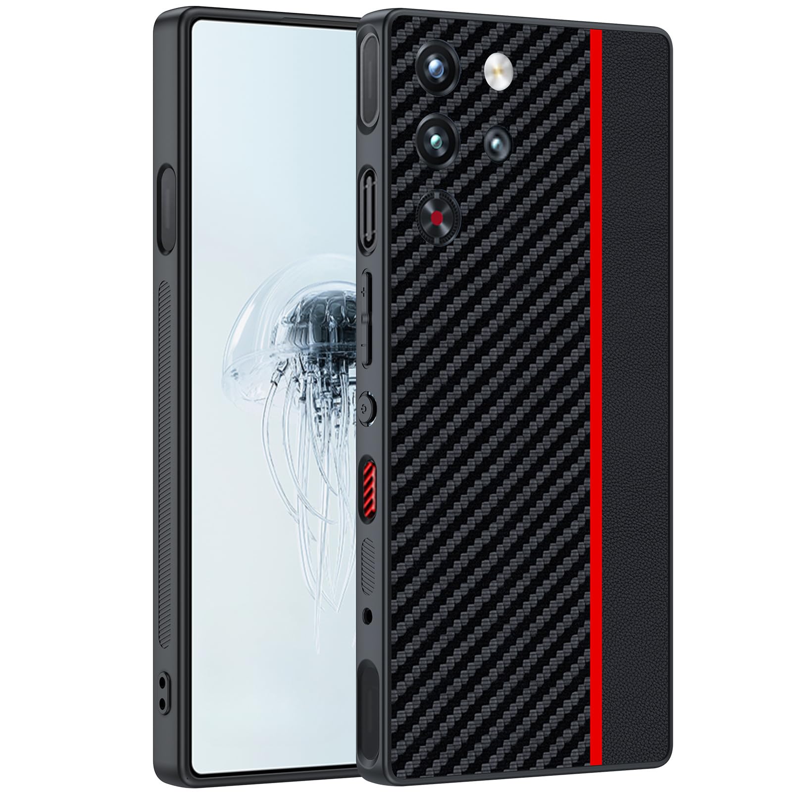 Gruattreay Compatible with Nubia Red Magic 10 Pro 5G (2024) Protective Shockproof Capa Case Ultra Thin Carbon Fiber Texture Leather Phone Cover for Red Magic 10 Pro (Black Red)