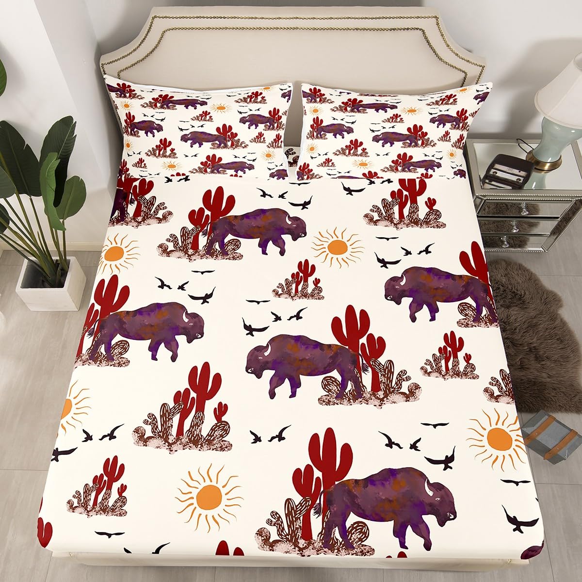 Feelyou Full Size Western Bedding Sets Buffalo Ranch North American Bisons Fitted Sheet Rustic Country Cabin Southwestern Animal Bed Sheets Kids Boys Brown Cream Farmhouse Sheets Set