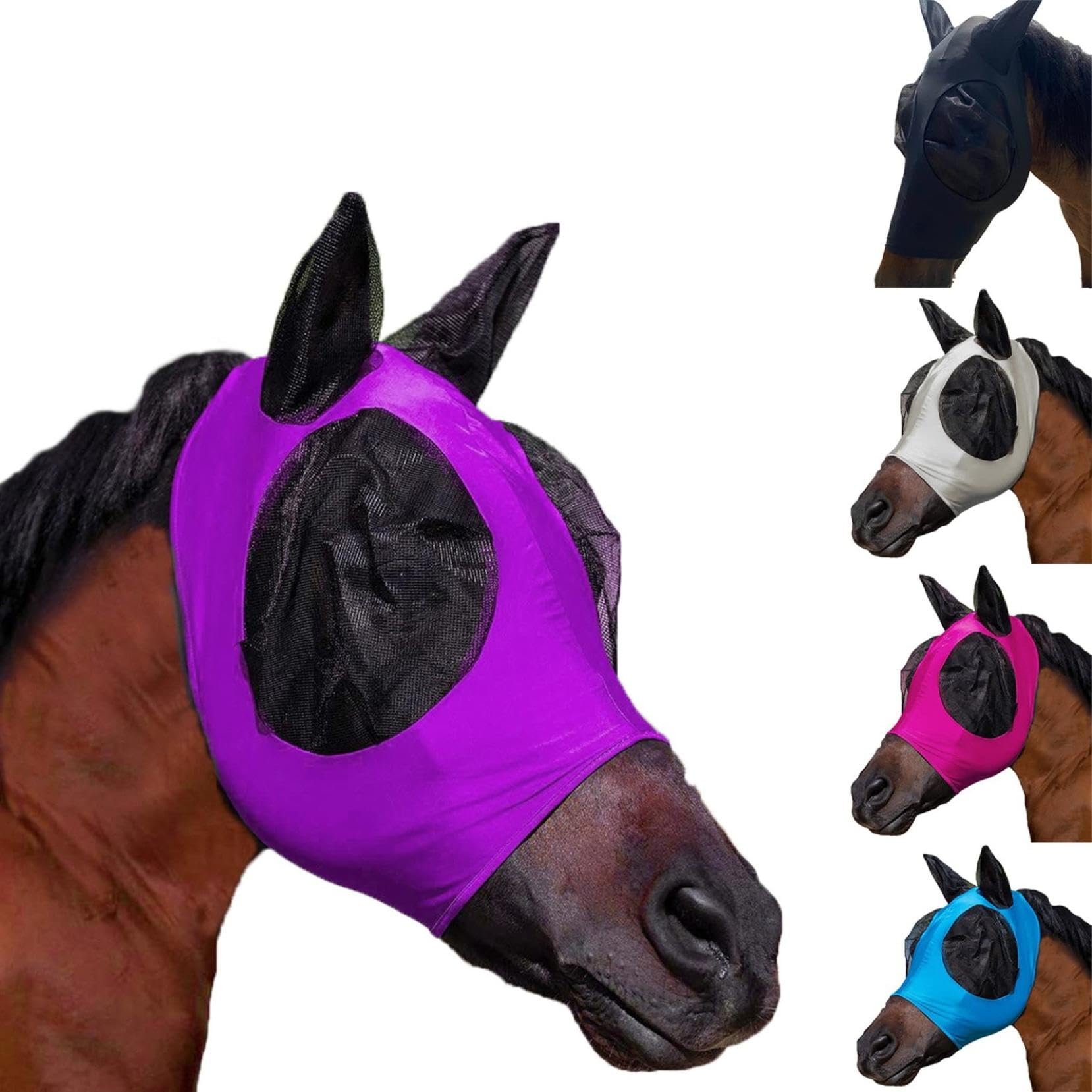 Masque anti-mouches pour chevaux avec oreilles, lycra respirante, protection UV, 3 pièces
