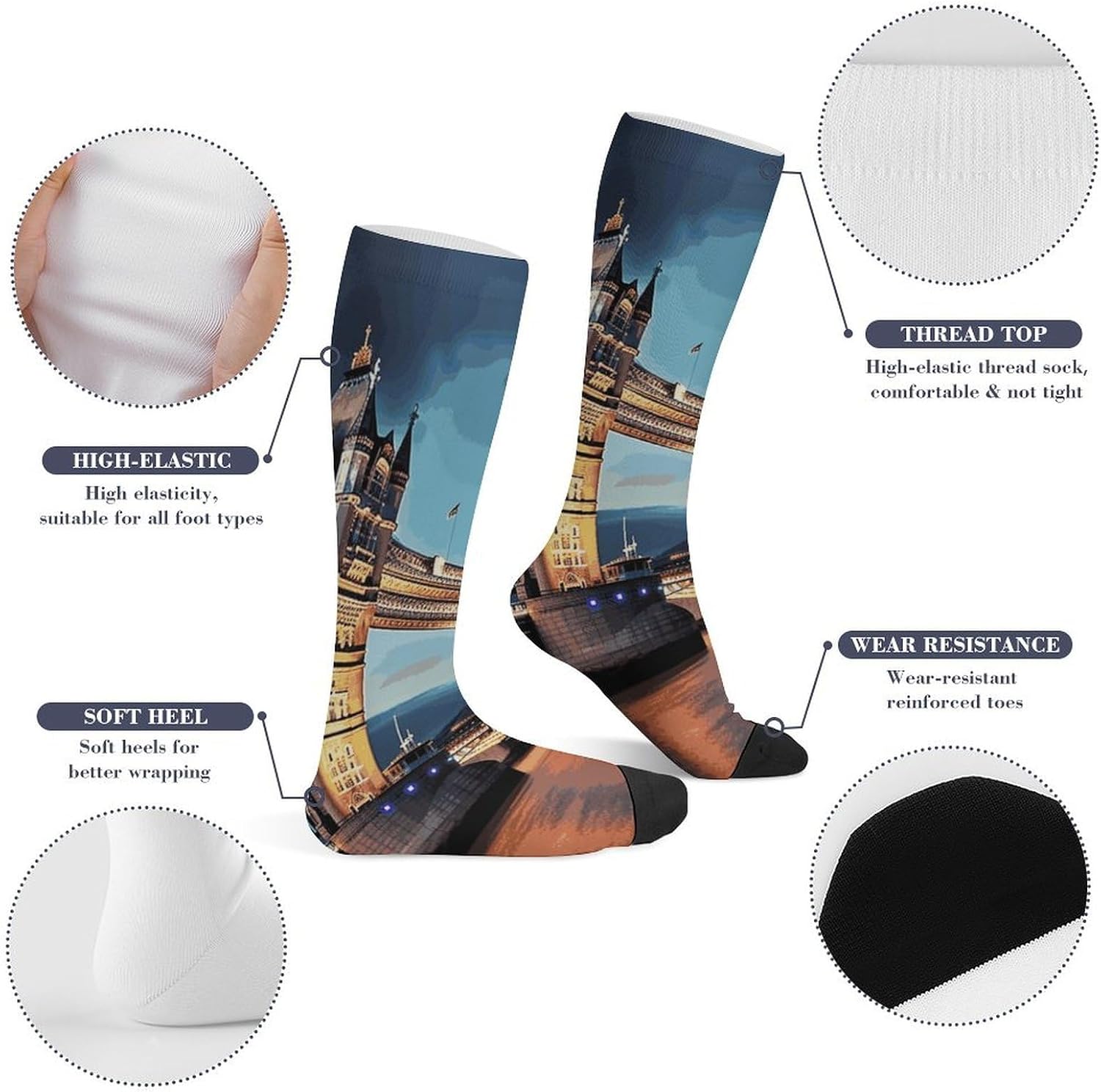 Knee High Socks Tower Bridge London Long Tube Boot Seamless Toe