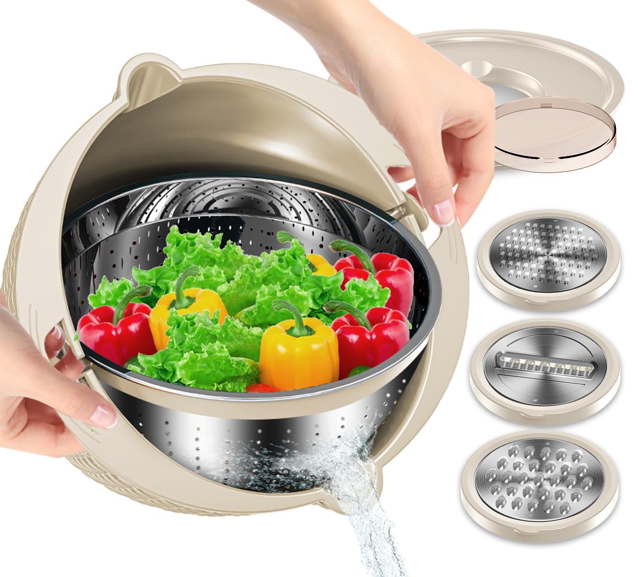 4-in-1 Colander with Bowl Set — Patented 360° Rotatable Strainer Bowl with 3 Graters, Snap-On Lid & Non-Slip Base, Funny Kitchen Present for Women, Aesthetic Pasta Fruit Vegetable Strainer (Beige)