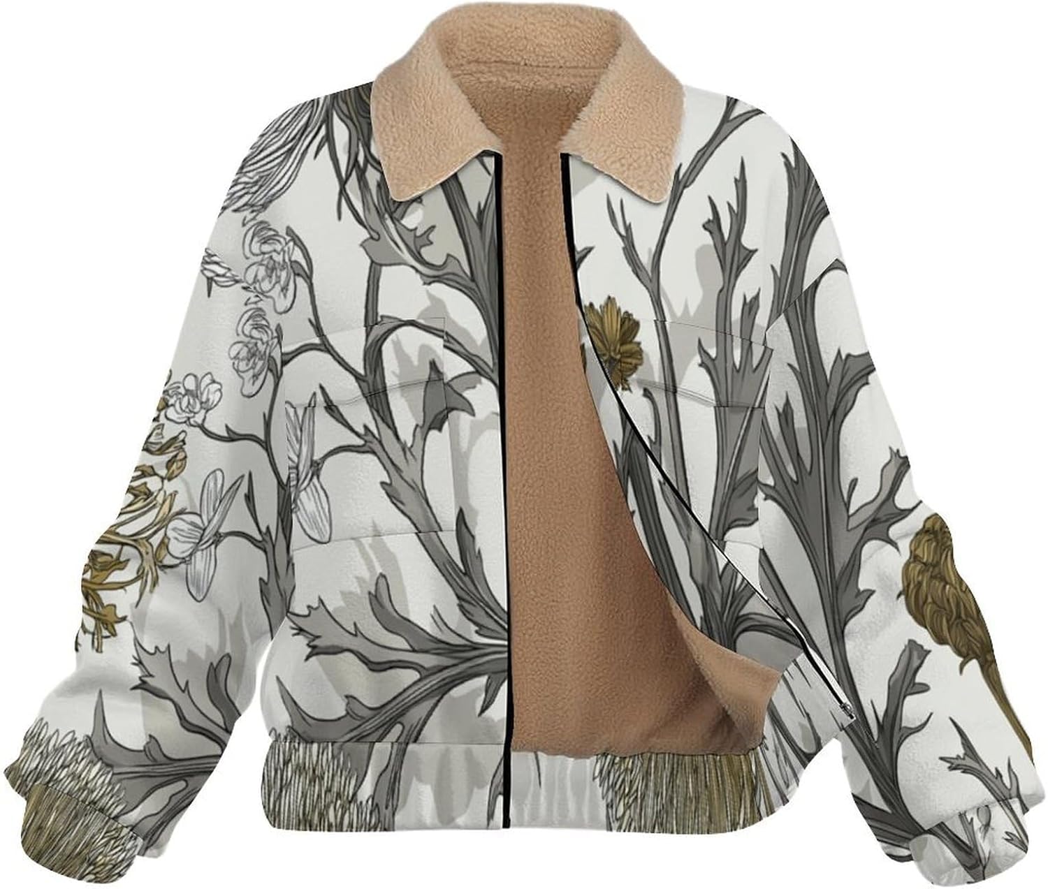 Women's Full Zip Soft Polar Fleece Jacket, Thistle Printed Outdoor Recreation Coat, Long Sleeve Outerwear