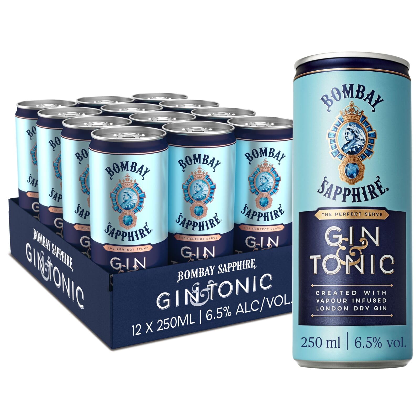 Latas de cóctel Bombay Sapphire Gin & Tonic listo para tomar, 6,5% Vol., 25 cl / 250 ml (pack de 12), bebidas alcohólicas con London Dry Gin 100% infusionada al vapor