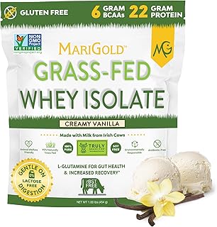 MariGold Grass-fed Whey Protein Isolate Powder - Creamy Vanilla Flavor - 1 Lb Bag | 100% Pure, Cold-Processed, Micro-Filtered, Undenatured, Non-GMO, rBGH Free, Soy Free, Gluten Free, Lactose Free