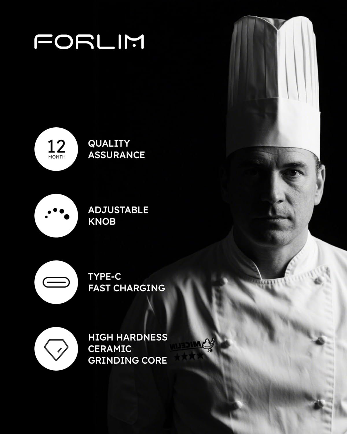 A chef next to icons representing 12-month quality assurance, adjustable knob, Type-C fast charging, and high hardness ceramic grinding core.