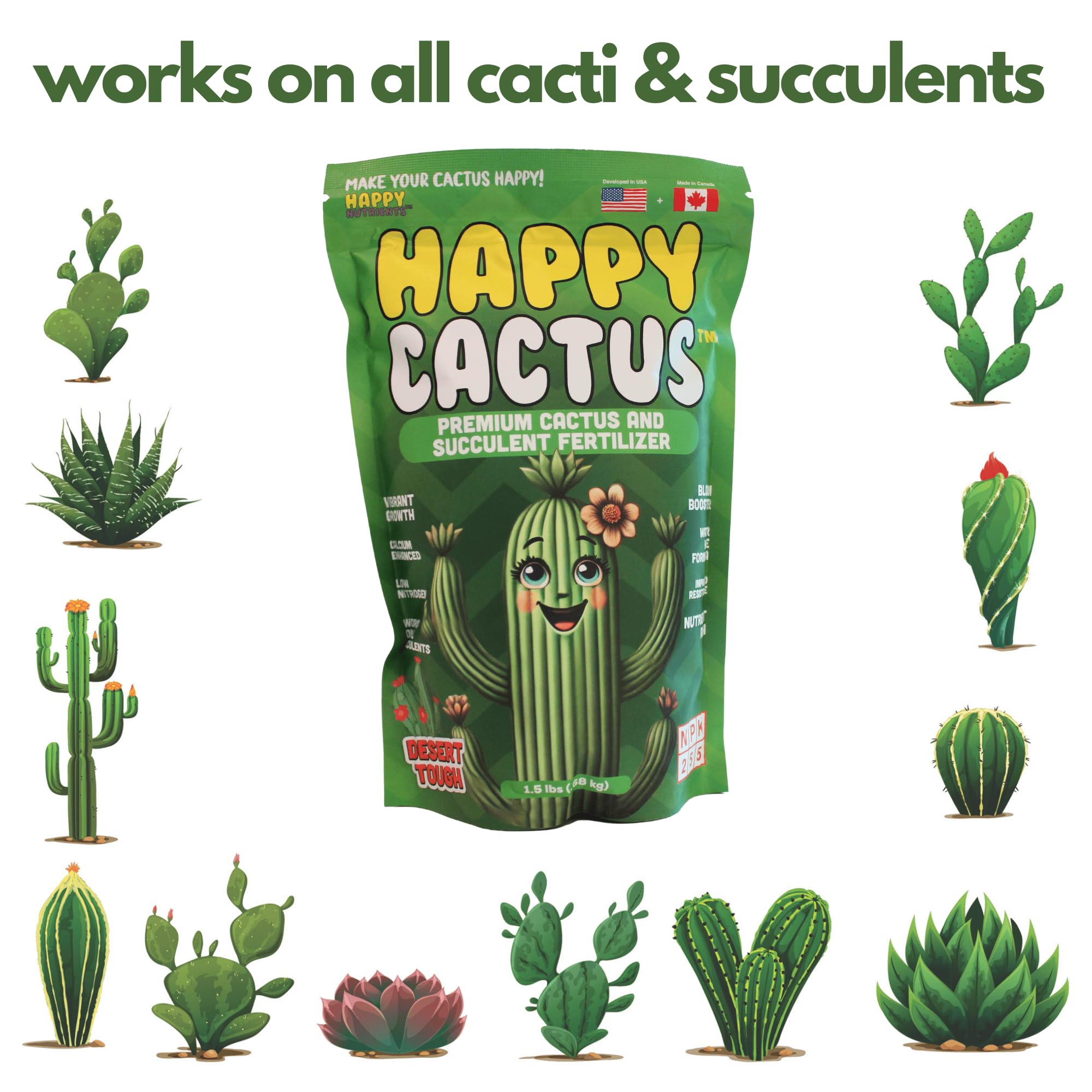 Amazon.com : Happy Cactus Fertilizer by Happy Nutrients Low Nitrogen  Fertilizer for Cactus Plant & Succulents  Bloom Booster with Calcium for  Vibrant Growth  2-5-5 NPK, 1.5 lbs for Indoor/Outdoor Use :