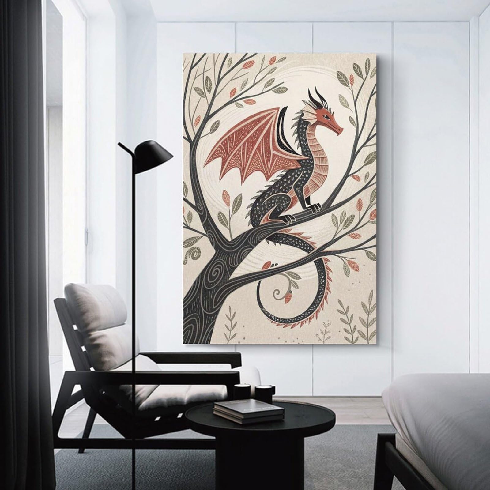 Junmoney Dragon Perched on A Tree Branch Room Decor Wall Art, 24x36inch(60x90cm), for Entrance Spaces, Stair Walls Or Halls, A Stylish Accent for Home Entrances