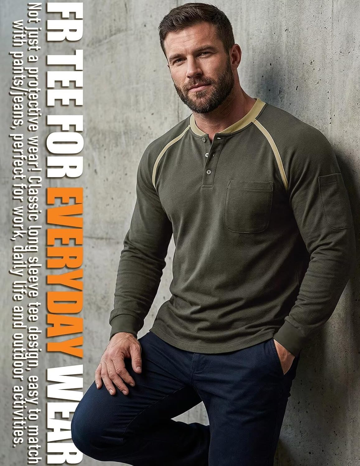 FR Shirts for Men 5.5oz Lightweight 100% Cotton Flame Resistant Henley NFPA 2112 CAT2 Work Shirt Dual Pockets