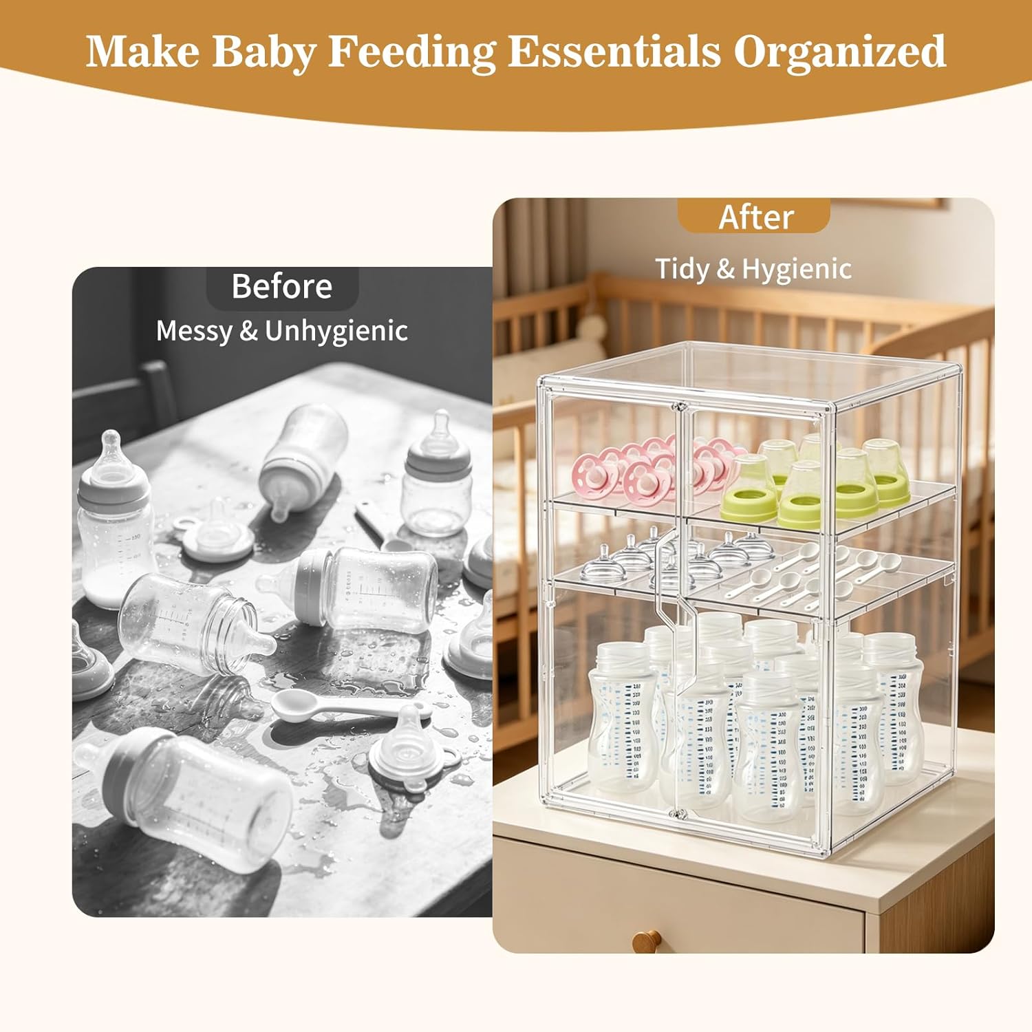 X-LARGE Baby Bottle Organizer, Upgraded Bottle Storage Organizer Baby for Countertop Cabinet, Removable Baby Organizer with Magnetic Door, Bottle Station Organizer for Nipples, Pump Parts, 2 Doors