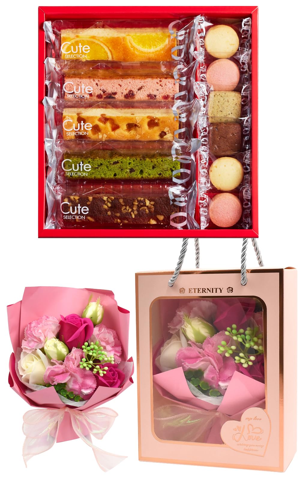 PLATA 花 洋菓子 ギフト プレゼント 誕生日 個包装 花とお菓子 かわいい 母の日 カーネーション 【 キュートセレクション 焼き菓子 詰め合わせ 11個入り ＆ ソープフラワー (ブーケ) ピンク 】