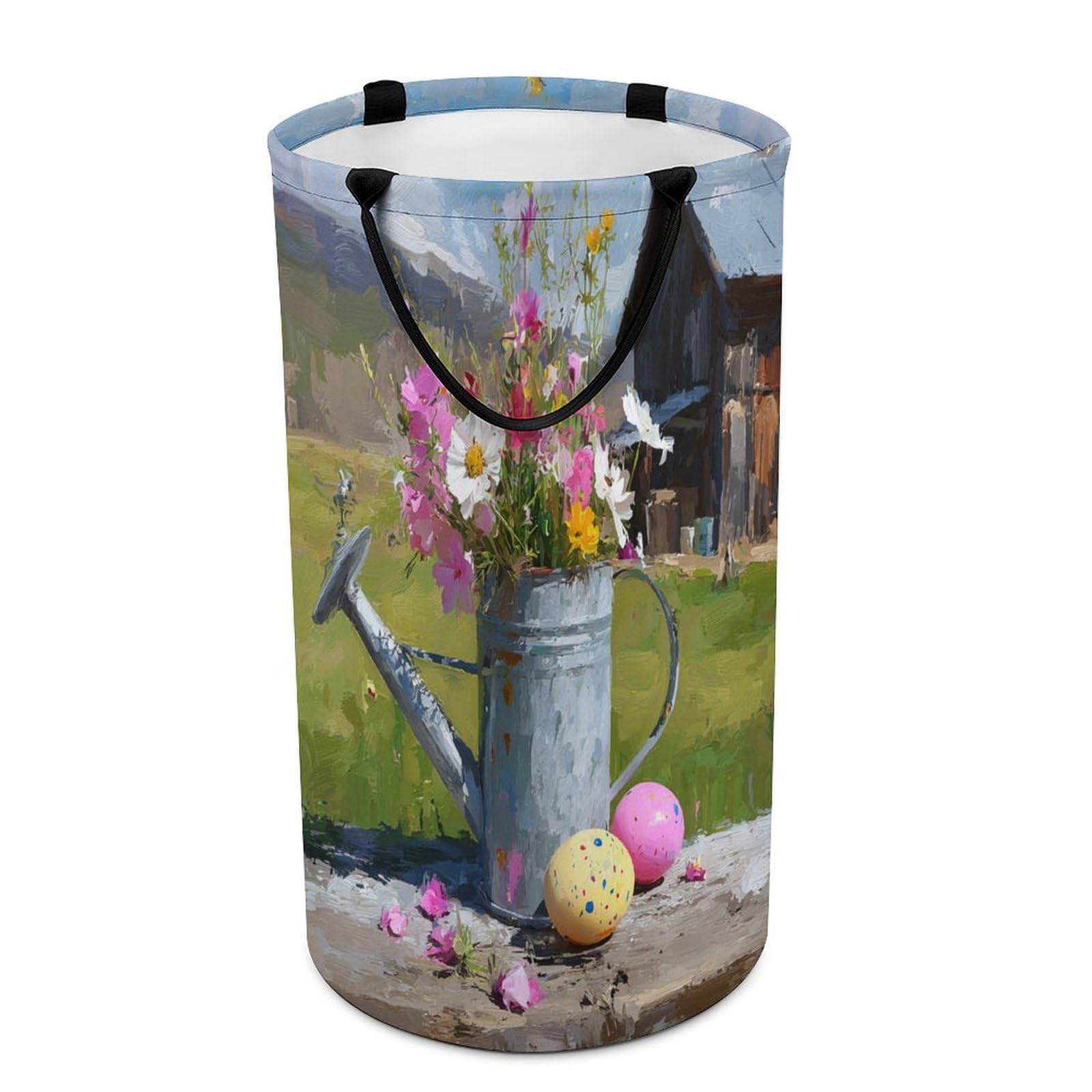 LUYYSKY Colorful Vintage Daisies Flowers Collapsible Dirty Clothes Basket, Rustic Watercolor Spring Mountain Farmhouse Barn Portable Clothes Storage Laundry Basket-40 CM Dia, 69 CM High