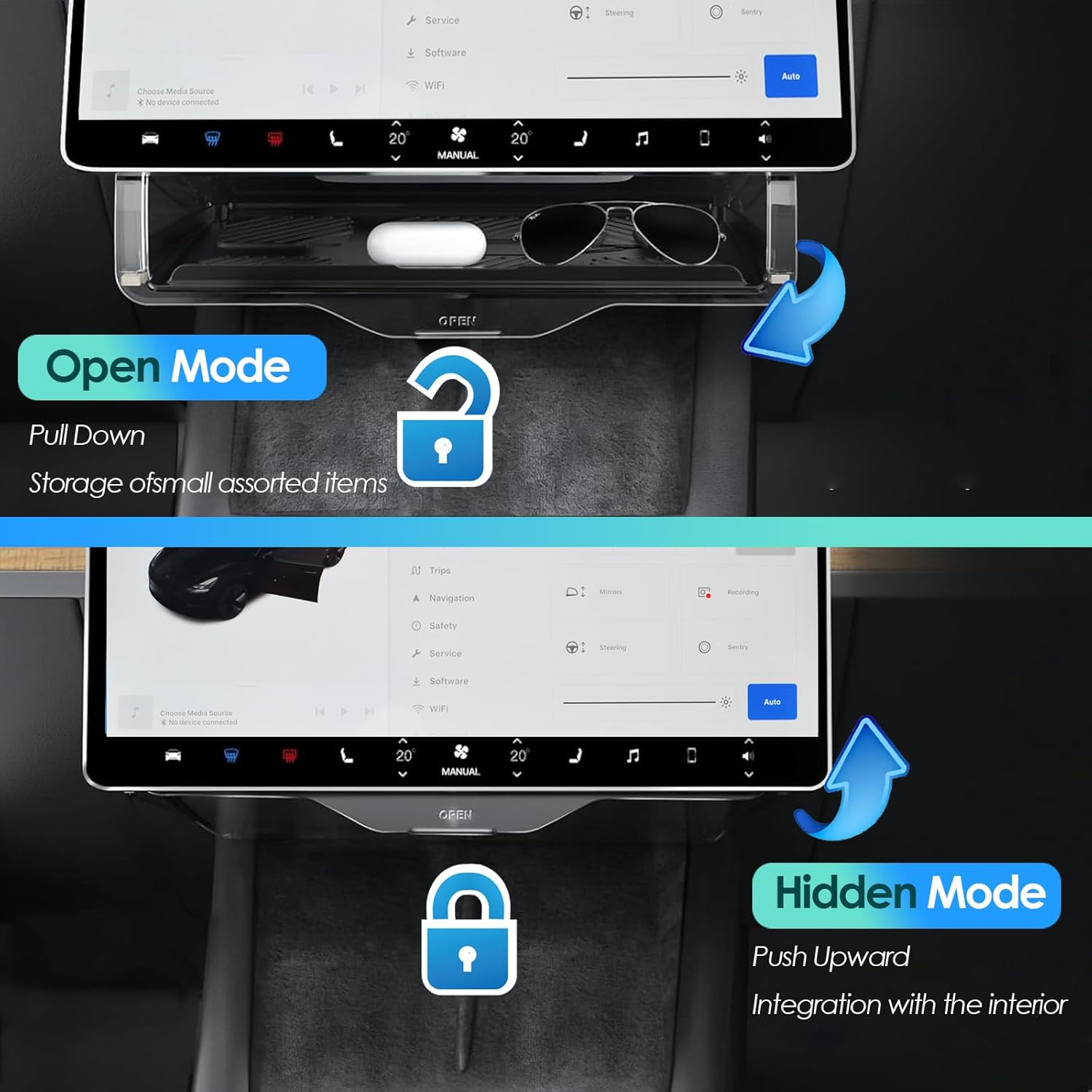 Hidden Under Screen Storage for Tesla Model 3 Model Y (2016-2025), Behind Screen Hidden Privacy Storage Center Console Organizer Tray for Tesla Interior Accessory