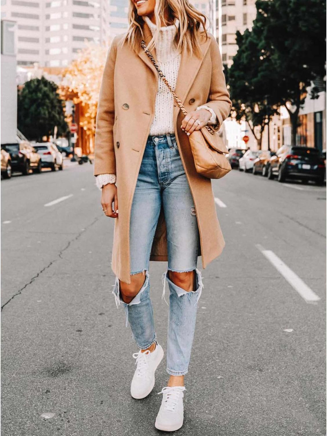 xxxiticat Women's Double Breasted Peacoat Wool Notched Lapel Trench Coat Winter Mid Length Long Jacket Overcoat - Image 4