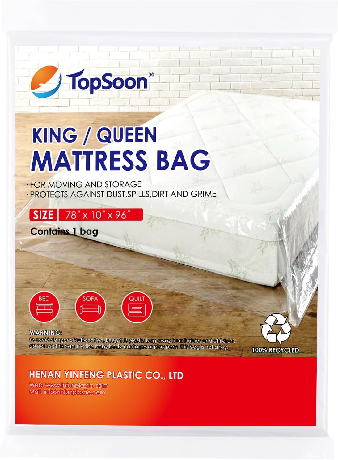 TopSoon Mattress Bag for Storage Mattress Disposal Bag - Moving & Storage Cover for Mattress or Box Spring, King/Queen Size Clear (1.5mil, 78" x 10" x 96")