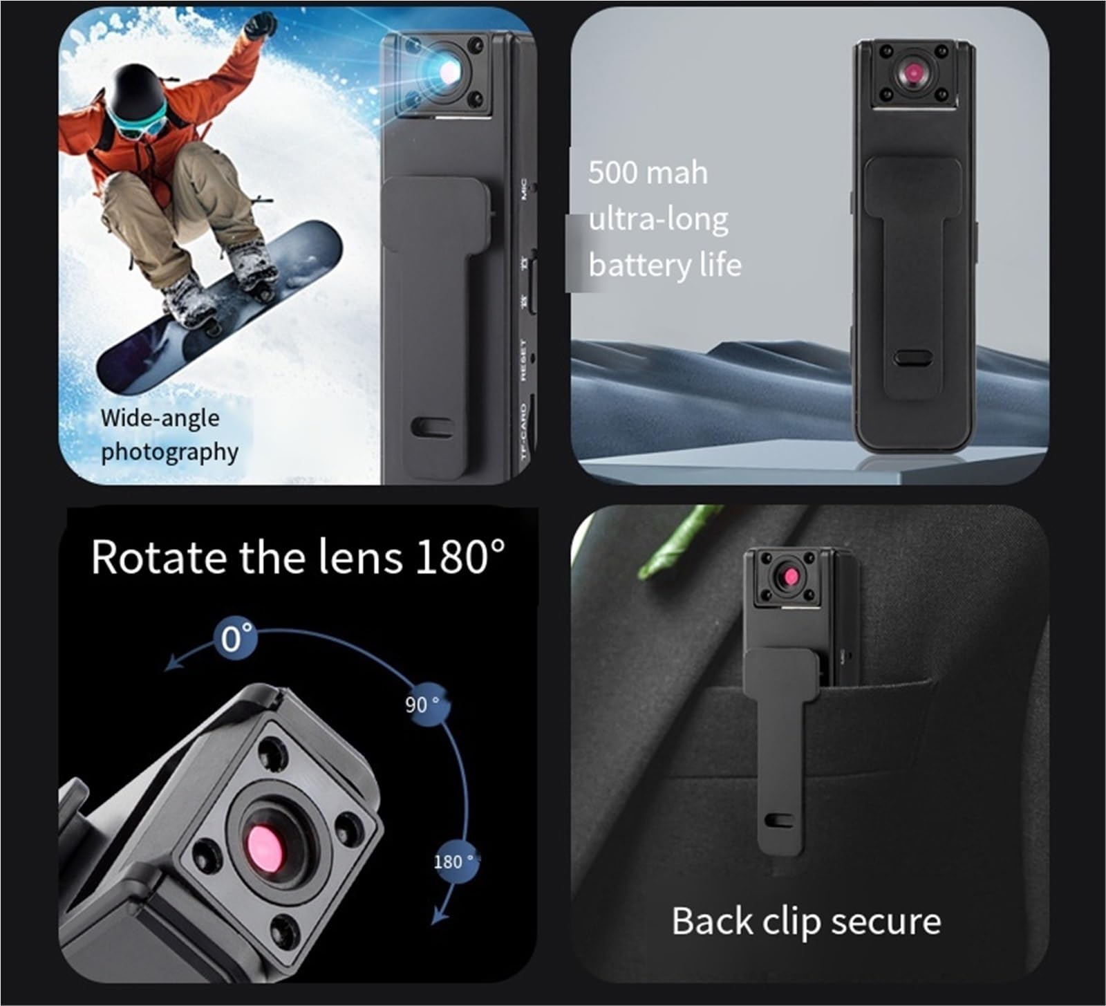 Dodorado Enregistreur Audio Vidéo Sport Ultra HD 2 en 1 Caméra d'Action Grand Angle 1080p Vision Nocturne Autonomie 5 h Caméra Corporelle Portable Clipser