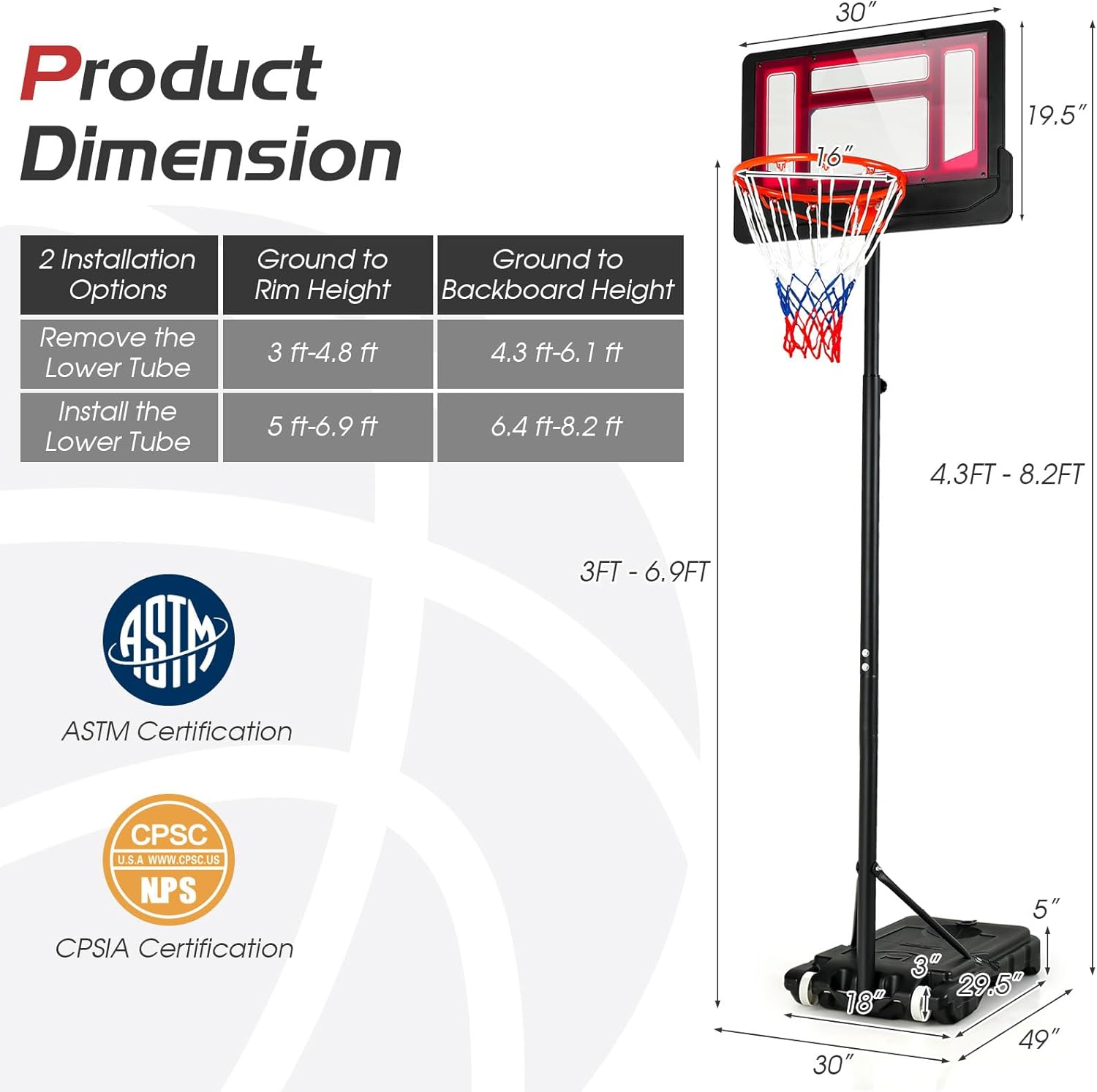 Giantex Basketball Hoop Outdoor Indoor, 4.3 FT-8.2 FT Height Adjustable Basketball Goal Court System w/Fillable Base, Backboard & 2 Wheels, Portable Basketball Hoop for Kids Backyard Driveway