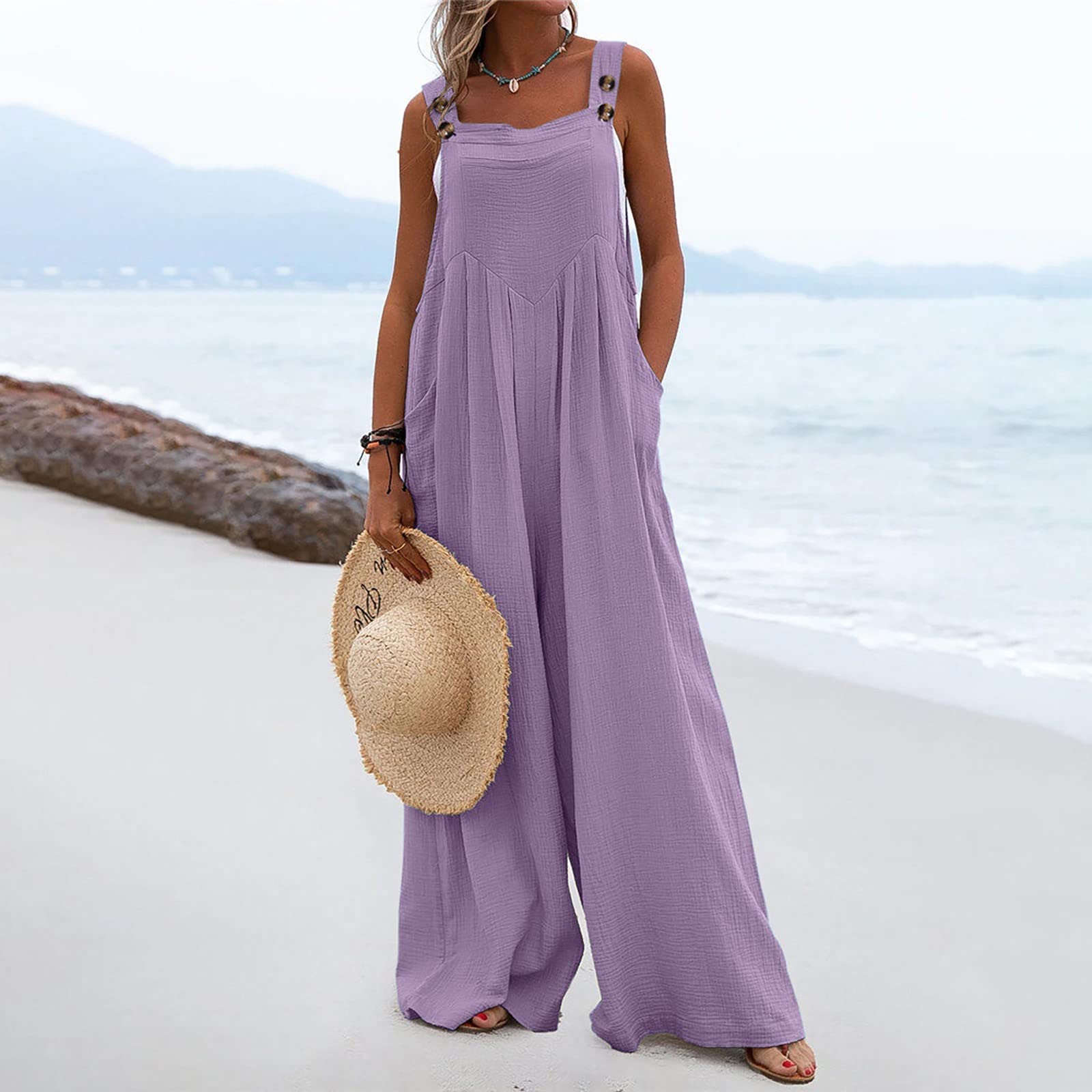 IQYU Tuta estiva da donna, leggera, estiva, lunga, a gamba larga, pantaloni estivi, eleganti e festivi, in stile vintage, pantaloni da spiaggia, salopette, grandi dimensioni, in lino, salopette in