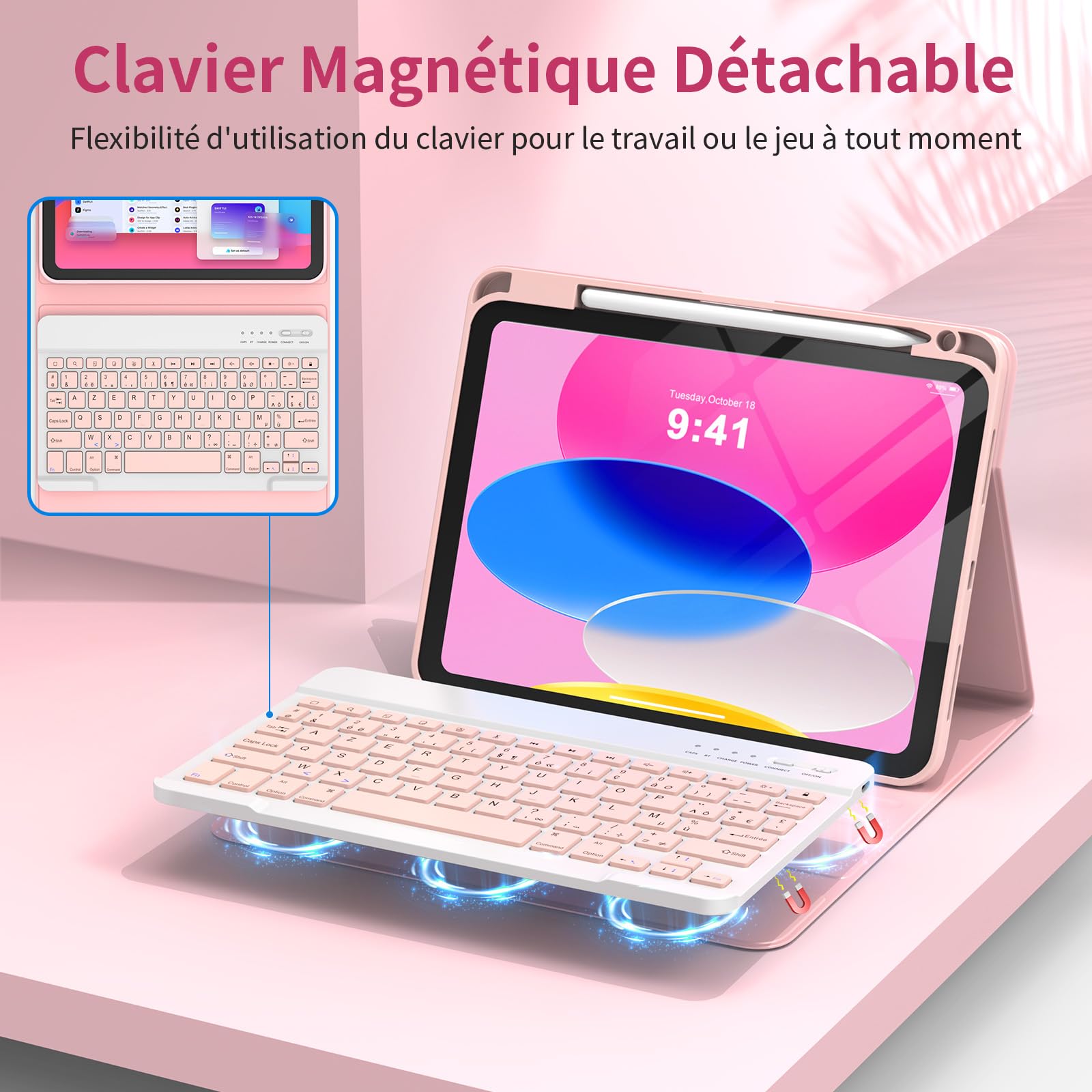 GAOJIE Coque Clavier pour iPad 11e Génération A16 2025/10e Génération 10,9 Pouces 2022, Coque de Protection avec Porte-Crayon, AZERTY Clavier Français Détachable sans Fil pour iPad 11/10.9''(Rose)