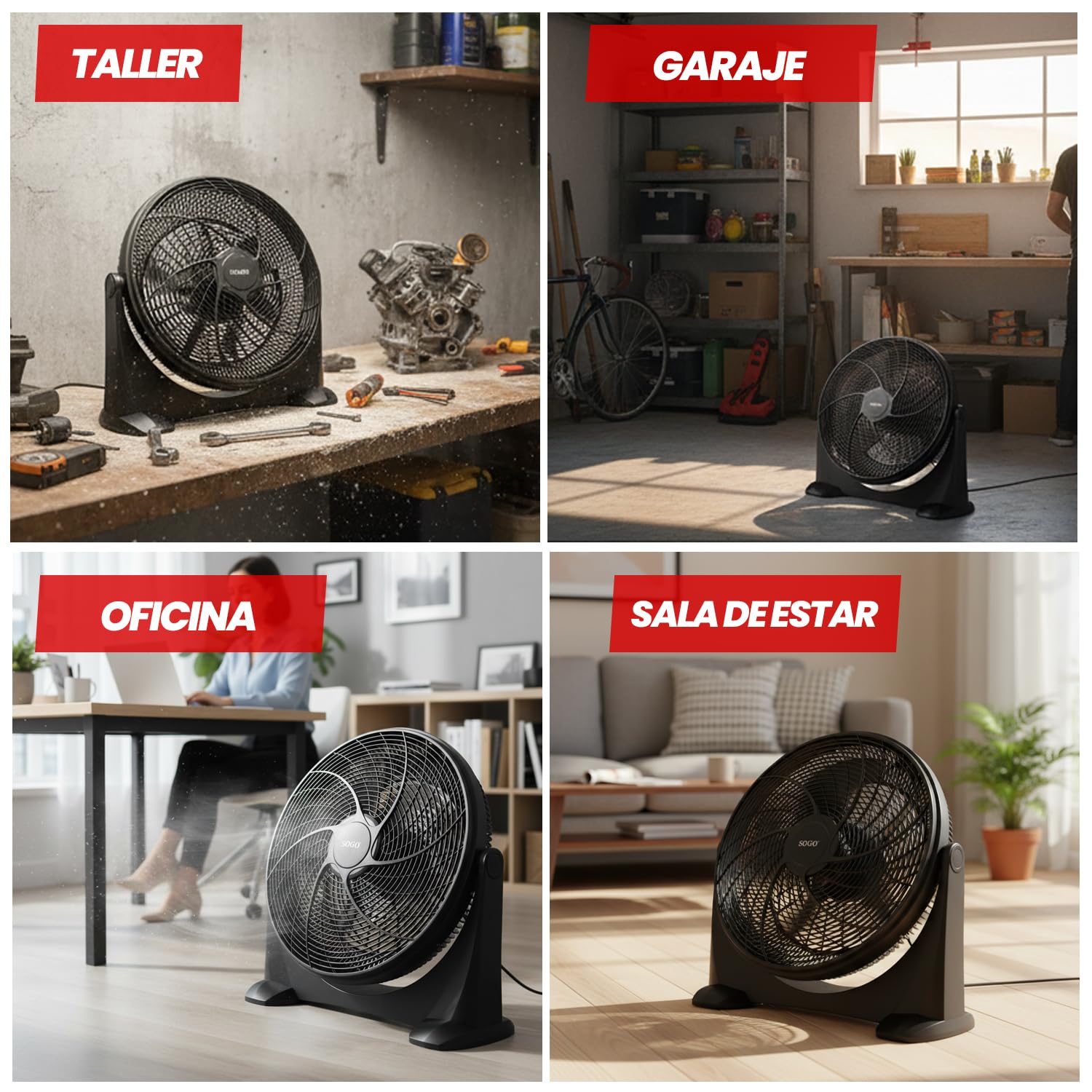 SOGO Ventilador de Suelo Industrial 20” 125W, 3 Velocidades, 5 Cuchillas, Motor Potente, Inclinación Ajustable, Negro - Alto Rendimiento para Taller, Oficina y Hogar