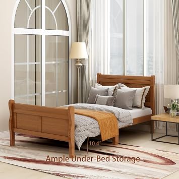 Sleigh Full Size Bed Frame with Headboard, Oak Solid Wood Platform Bed, Low Profile Bed with Wood Support Slats and Strong Structure, No Noise, No Box Spring Needed, Easy Assembly (Oak, Full)