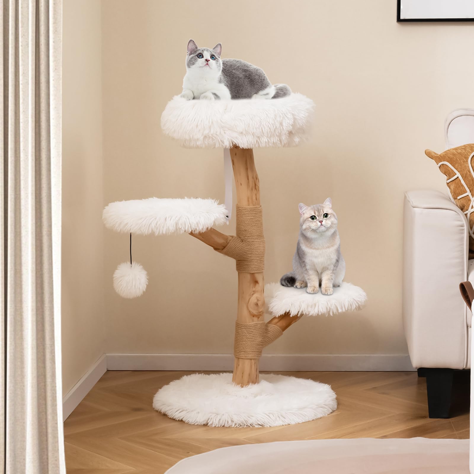 COSTWAY Albero per Gatti 90 cm, Torre per Gatti in Legno con Piattaforma in Tessuto in Pile Lungo, Tiragraffi in Juta e Pallina Pendente, Cuccia per Animali Domestici (Bianco)
