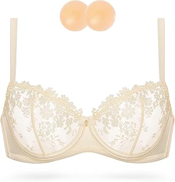 Wingslove Women's Sexy Lace Bra Demi Sheer Mesh Balconette See Through Bralette Unlined Underwire Embroidered