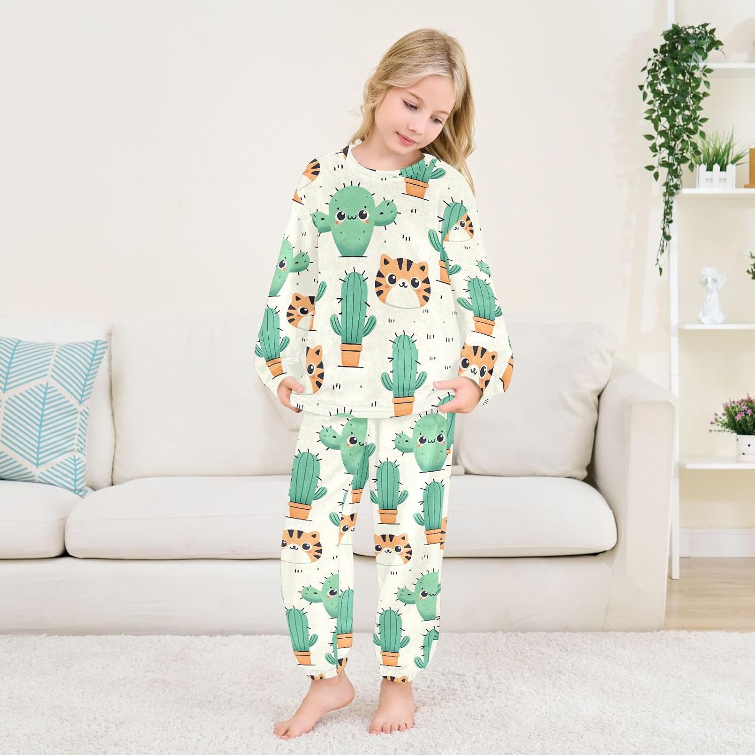 Kids Flannel Sets Cute Tiger Face and Cactus Warm Plush Relaxed Clothing for Boys and Girls