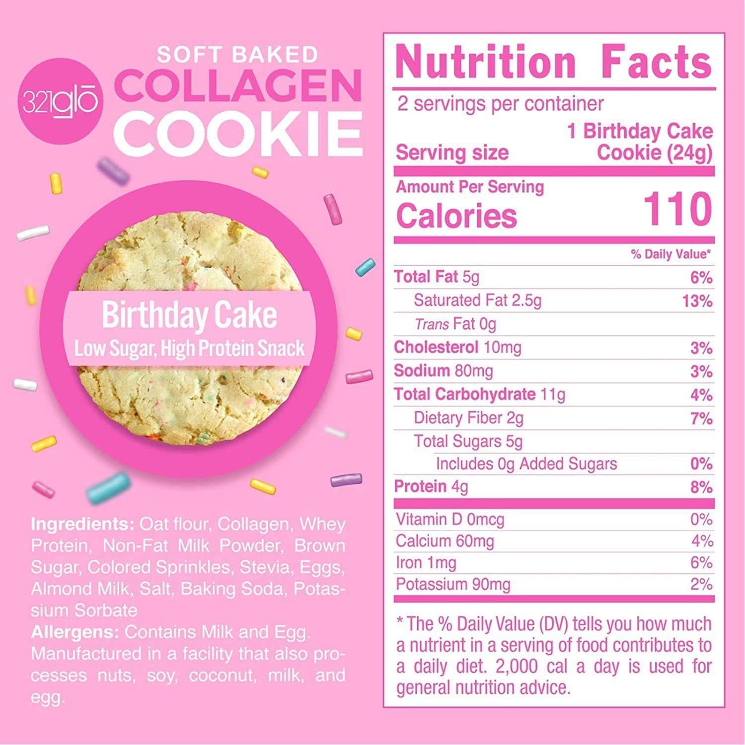 321glo Collagen Protein Cookies, Soft-Baked Cookies, Low Carb and Keto Friendly Treats for Women, Men, and Kids (6-PACK, Birthday Cake)
