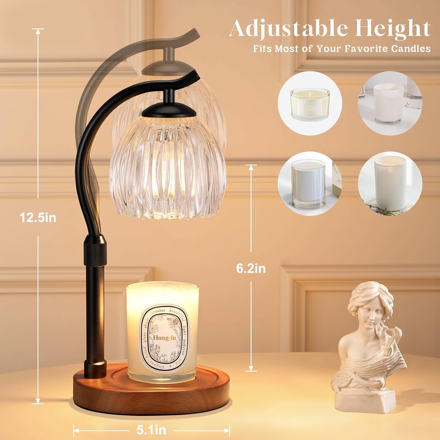Candle Warmer Lamp with Timer - Dimmable & Adjustable Height, Modern New Home Decor Vintage House Warming Gifts Wax Melt Warmer for Jar Scented Candle, Cozy (Black) image 3