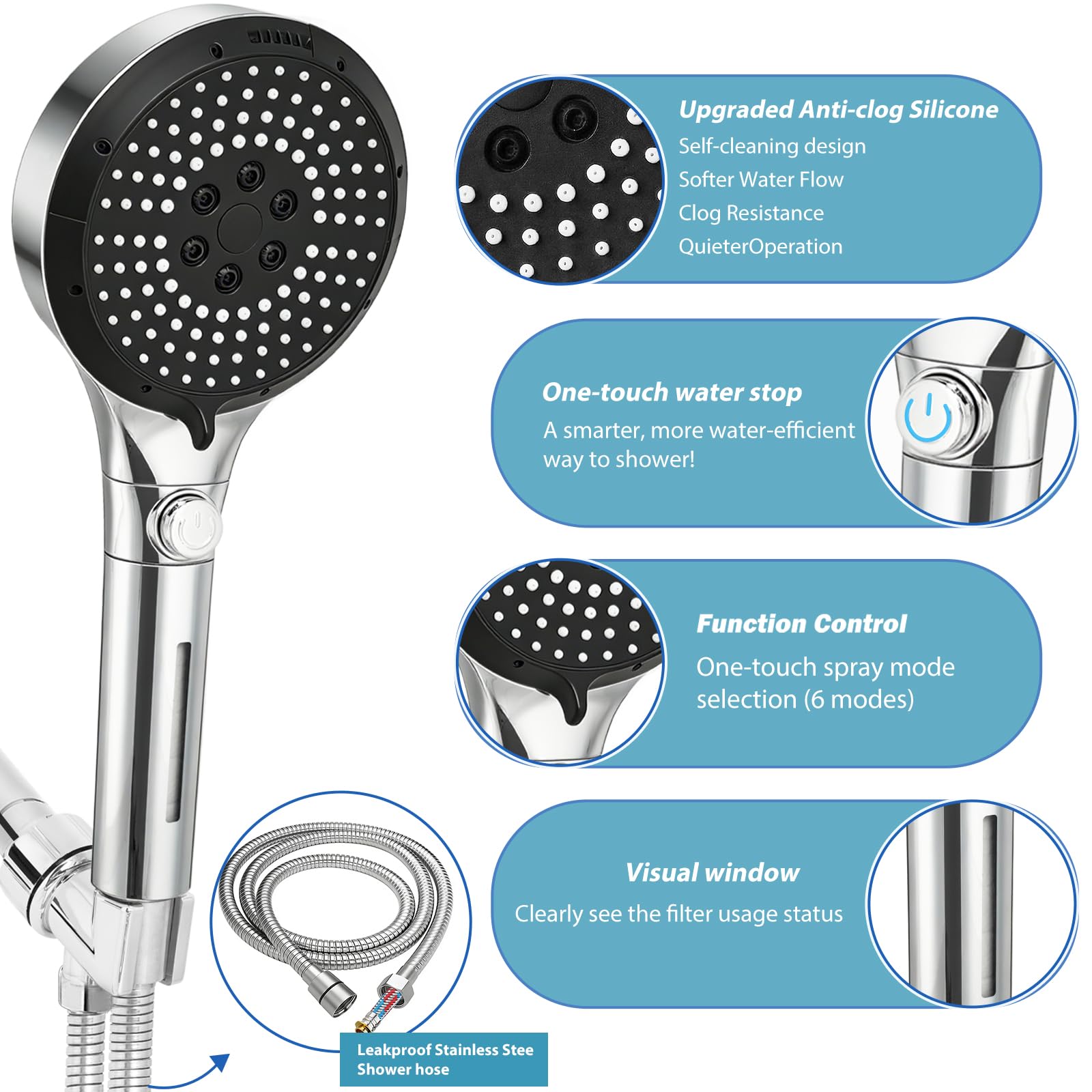 Filtered Shower Head with Handheld - High Pressure 6 Spray Modes Showerhead with Filters, Shower Head With Movable Bracket & 75" Anti-Burst Hose | 12 Replaceable Water Softener Filters for Hard Water - 4