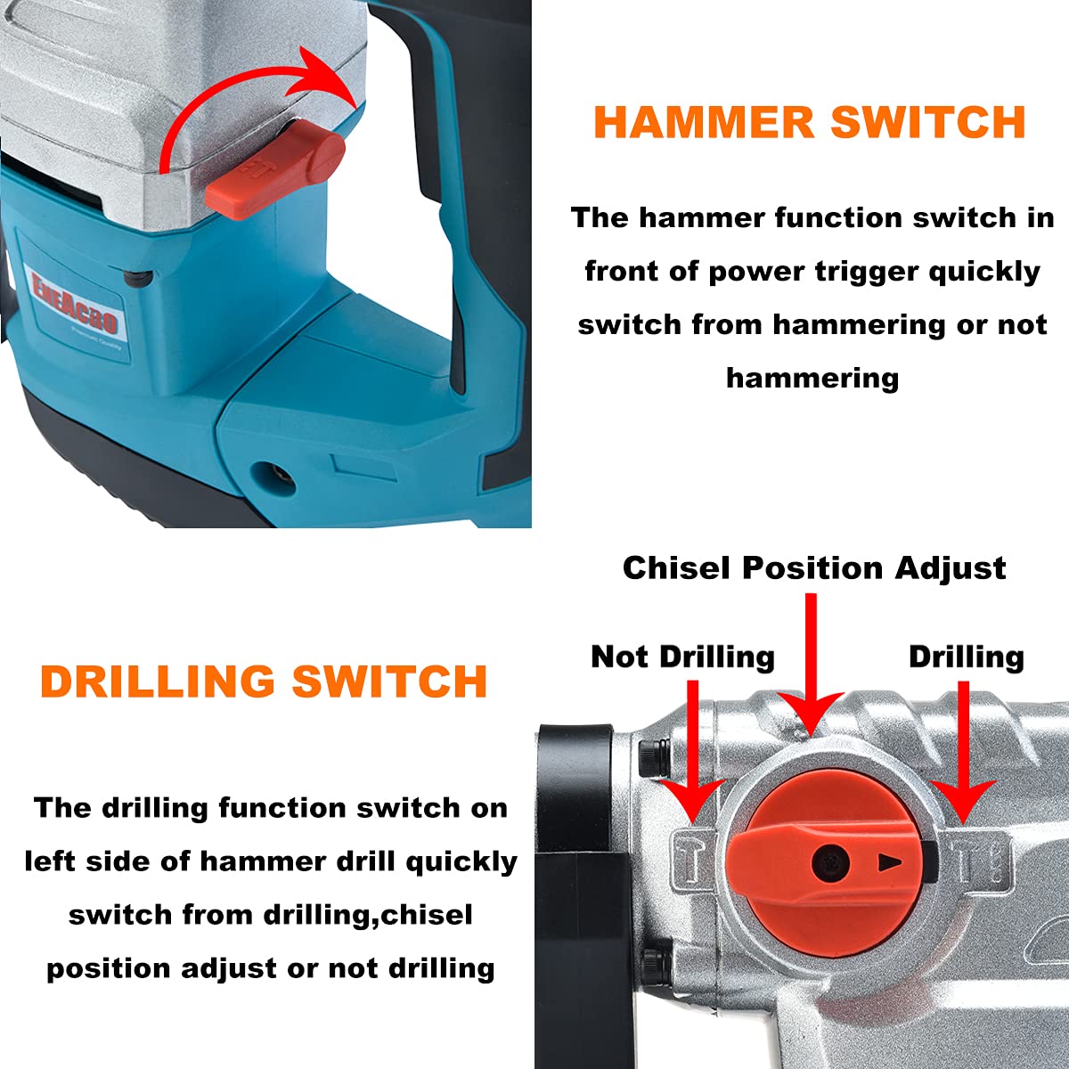 ENEACRO 11/4 Inch SDSPlus 13 Amp Heavy Duty Rotary Hammer Drill