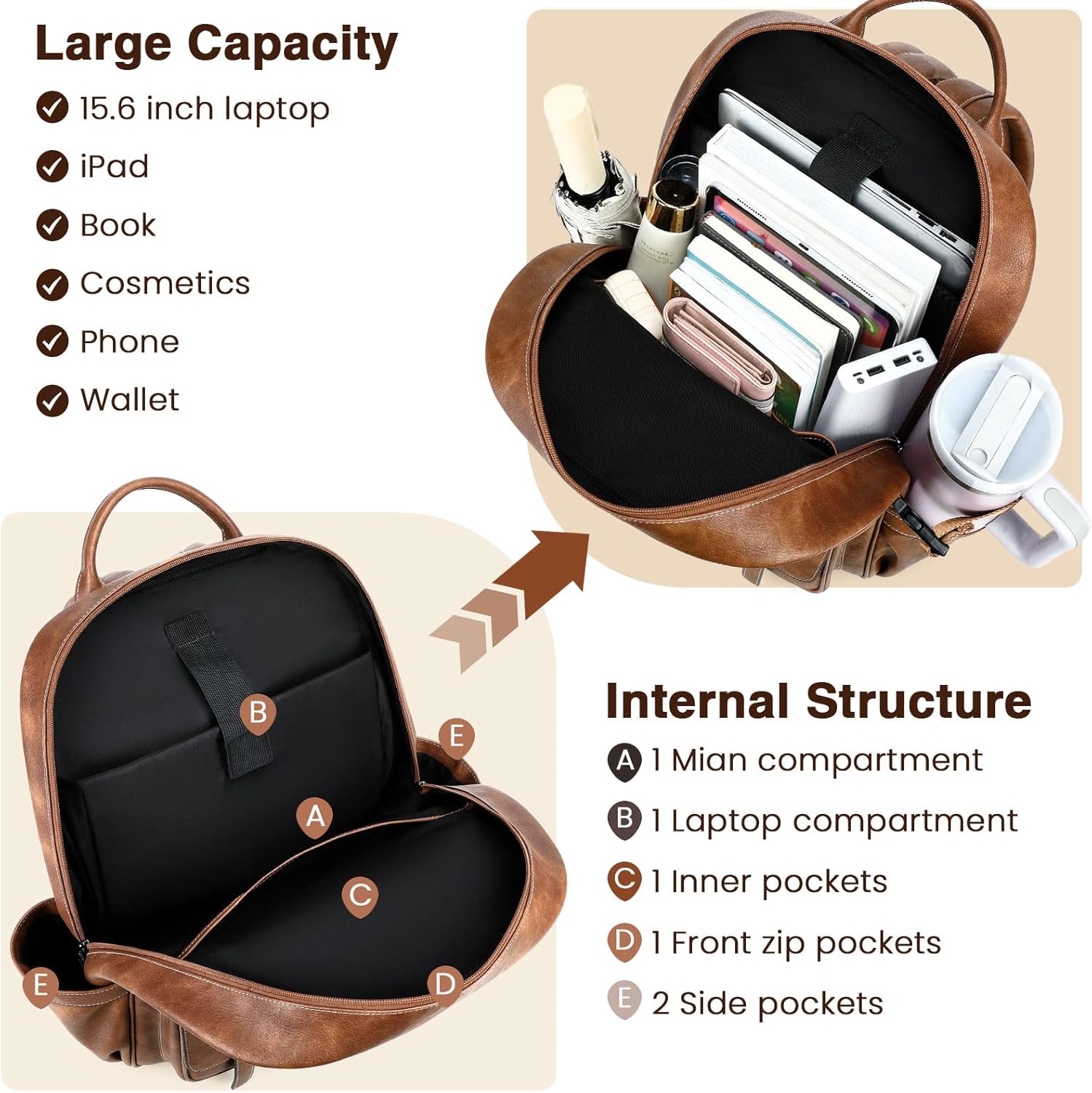Vegan Leather Laptop Backpack for Women Designer 15.6 Inch PU Laptop Bag, Ladies Travel Computer Work Backpack