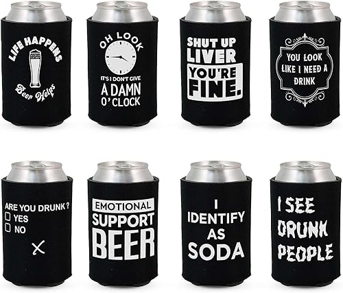 Divertidos frases de fiesta de cerveza para latas de cerveza con aislamiento térmico para bebidas con soda, cerveza Hugger Coolies (negro, paquete