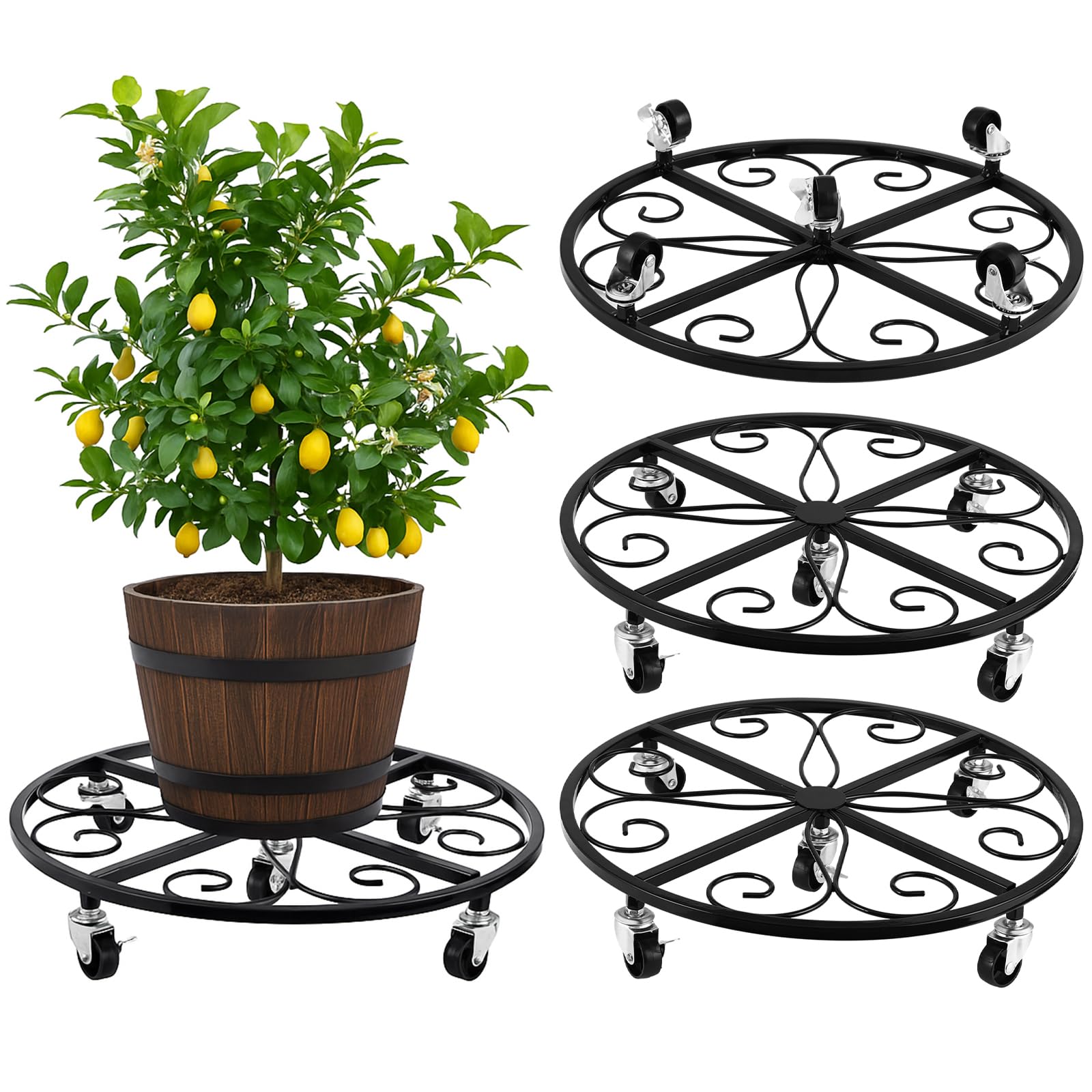 4 Pack Plant Caddy with Wheels 18 Inch Rolling Plant Stand for Large Plants Heavy Duty Plant Rollers Metal Plant Dolly Rustproof Planter Stand Wrought Iron Plant Stands Flower Cart Outdoor