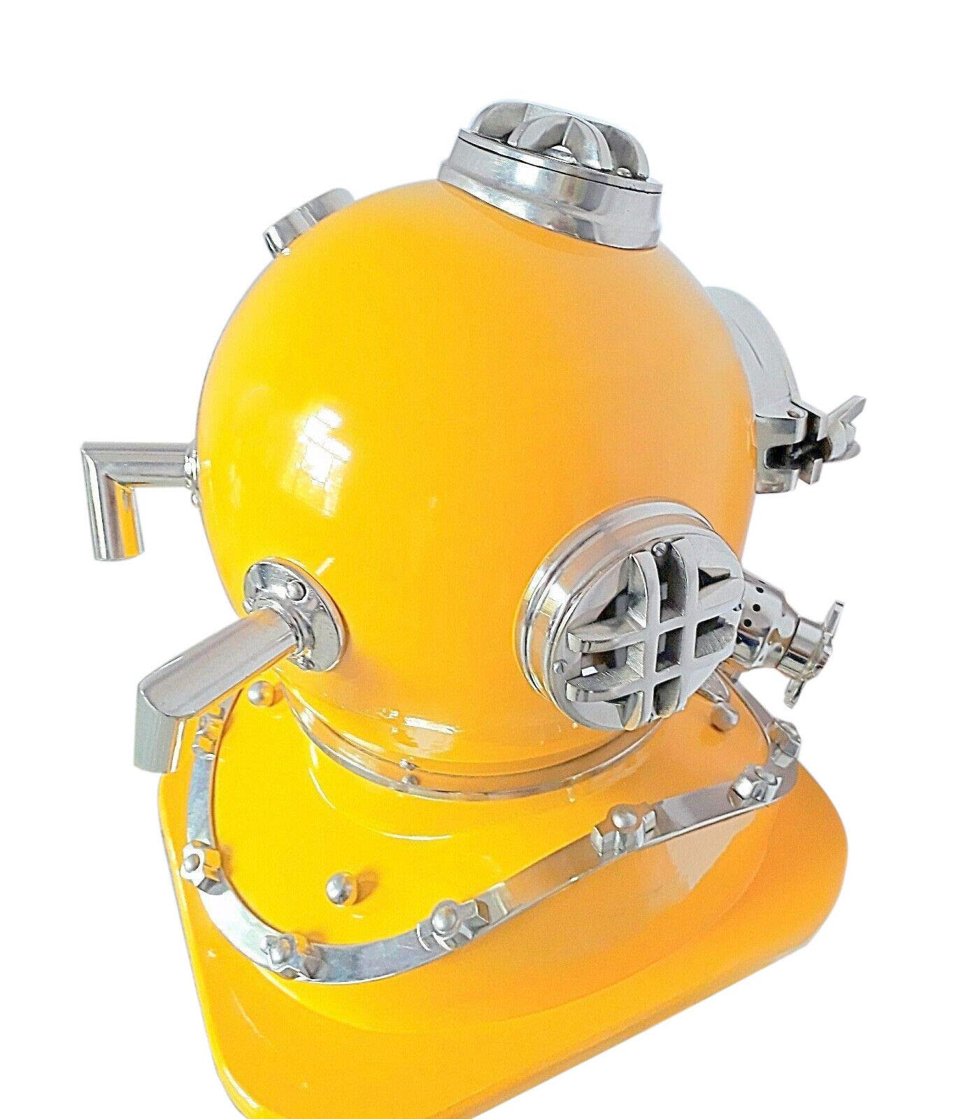 Retro Reproduction Antique Vintage Yellow Diver Diving Helmet with Wooden Stand 18
