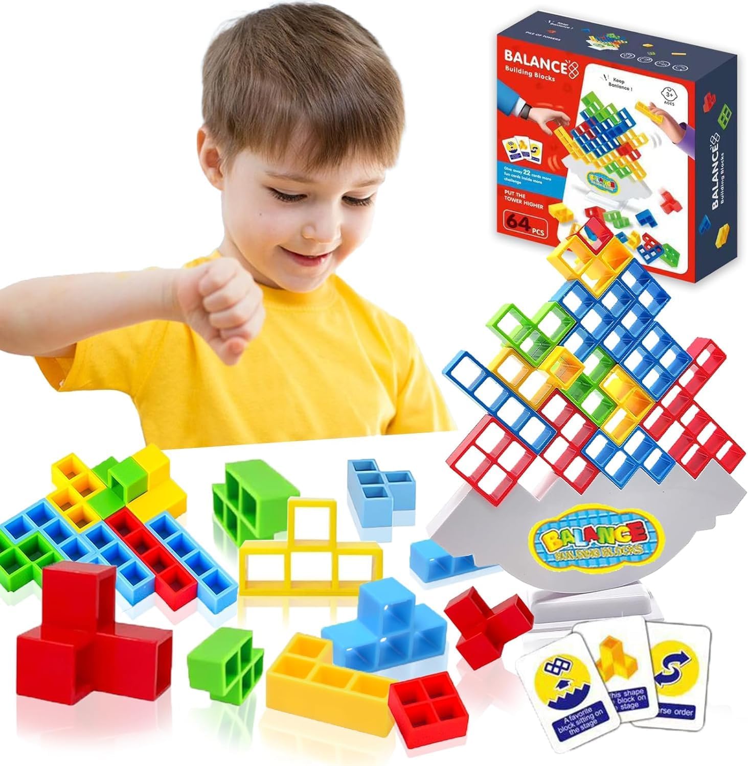 AM ANNATetra Tower Stacking Blocks Balance Game, 64pcs Board Games for Kids & Adults,Tetra Tower Balancing Stacking Toys Building Blocks,Perfect for Family Games, Travel and Parties