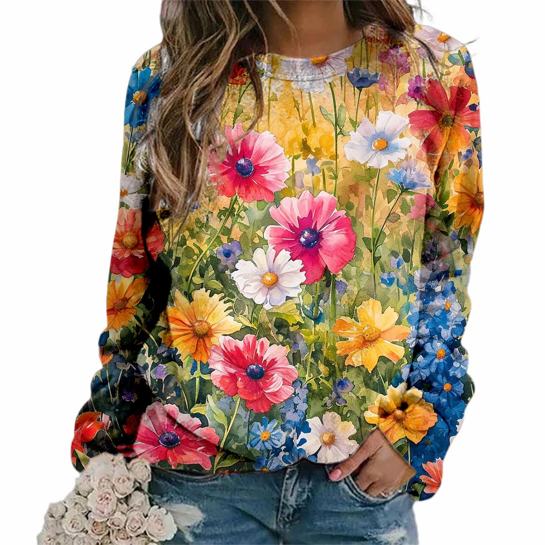 DMOYALA Womens Flower Sweater Fall Graphic Sweatshirts Plus Size Casual Long Sleeve Crewneck Vintage Flower Pullover Tops