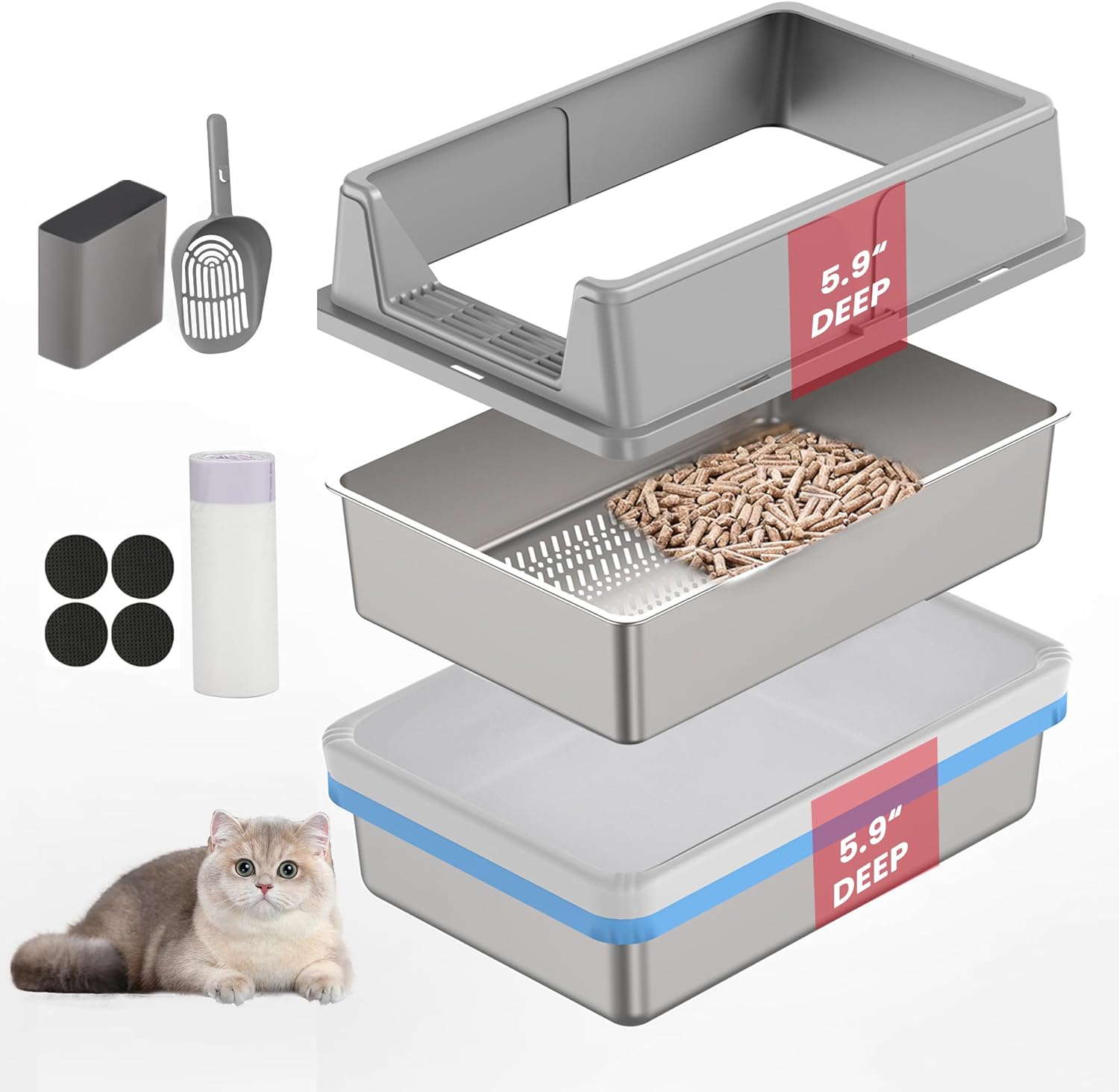 Stainless Steel Sifting Litter Box for Pine Pellets, 23.6" x 15.7" x 11.8" Large Sifting Cat Litter Box with Sifter, High Side for Big Cats, Anti-Leakage, Odor Control, Includes Scooper ?L?23.6" x 15.7" x 11.8"