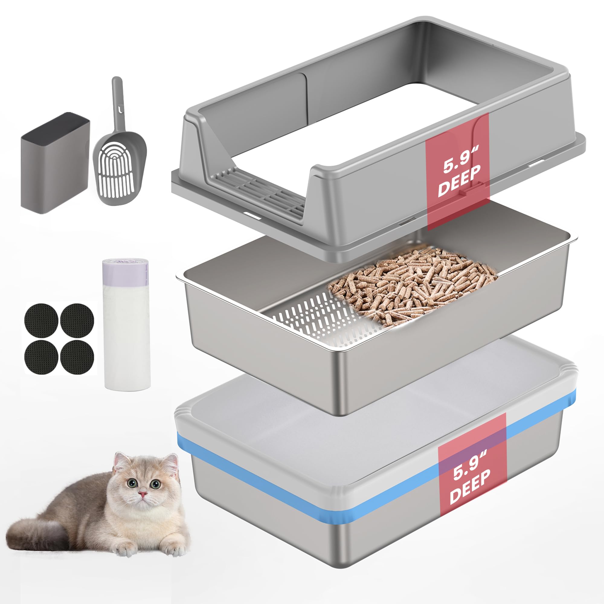 TIUUBT Stainless Steel Sifting Litter Box for Pine Pellets, 23.6" x 15.7" x 11.8" Large Sifting Cat Litter Box with Sifter, High Side for Big Cats, Anti-Leakage, Odor Control, Includes Scooper
